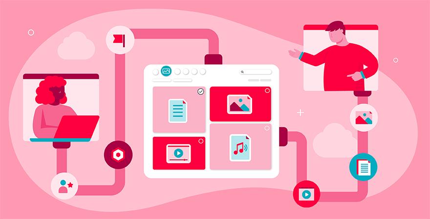 Red illustration of creative and marketing teams working together using a DAM to build and manage a brand identity across channels.