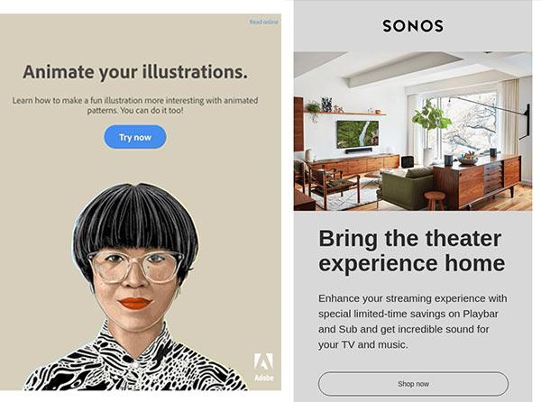 Emails with simple direct headlines and size hierarchy