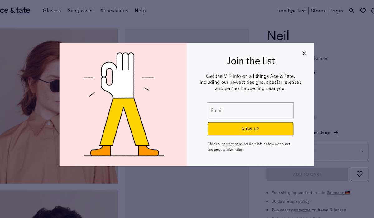 Pop-up email sign-up form on Ace & Tate website.
