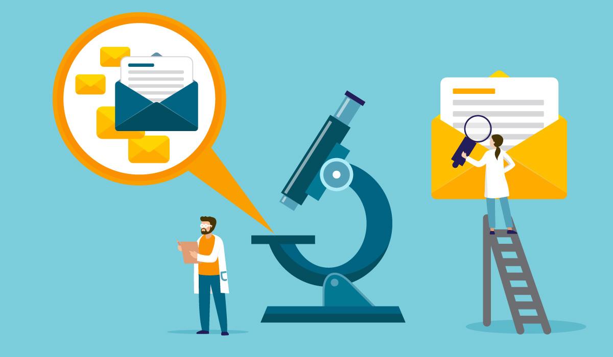 Illustration of scientists studying emails with a microscope.