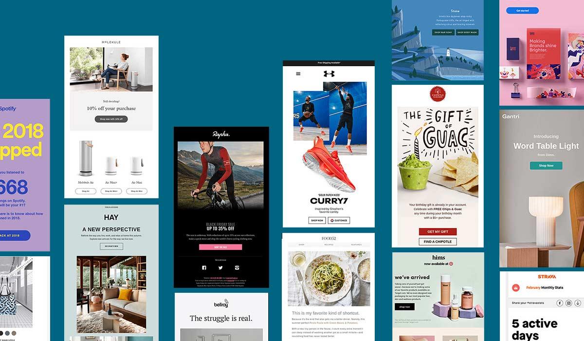 Collage of various marketing email examples.
