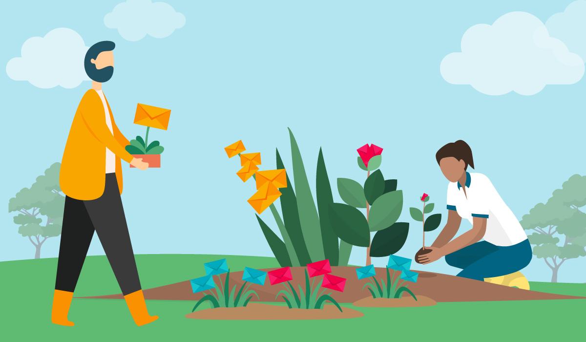 Marketers planting email contacts in a garden.