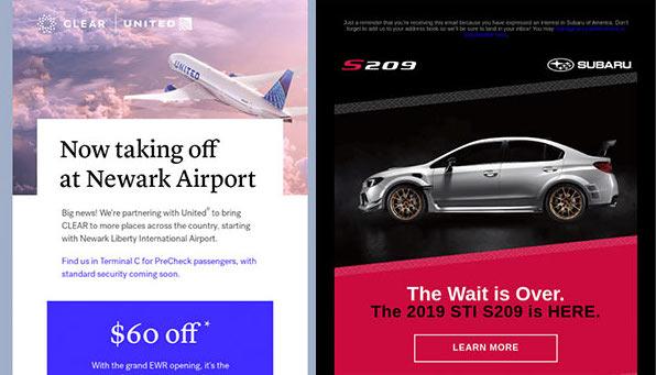 Email from United announcing new airport service and email from Subaru announcing new car model.