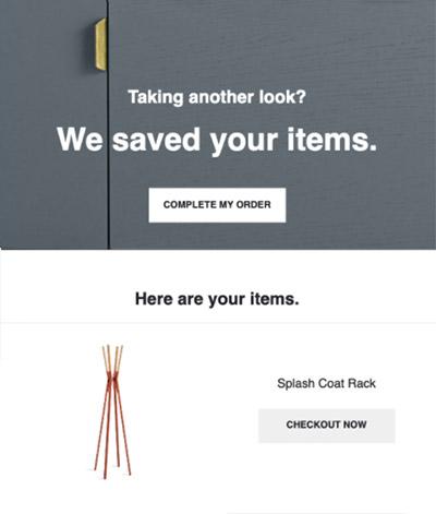 Abandoned cart email featuring a coat rack promising the item has been saved.