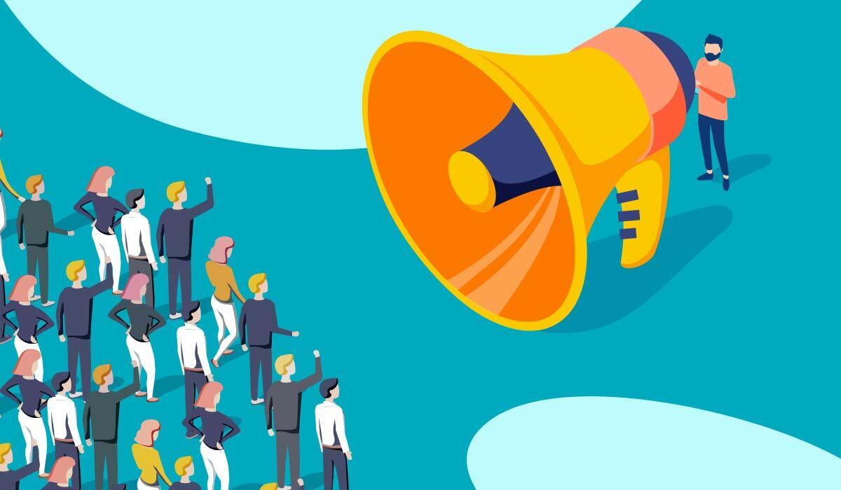 A megaphone speaking to people.