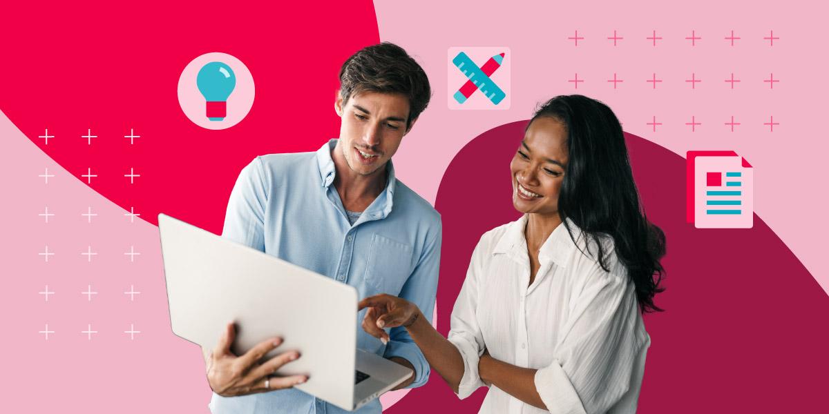 A man and woman smile at a laptop with icons of metadata, lightbulb and a ruler and pencil float above all over a red background.