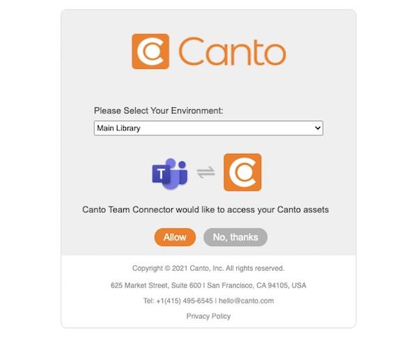 A screenshot showing how to setup your Canto connector using your Canto account in Microsoft Teams.