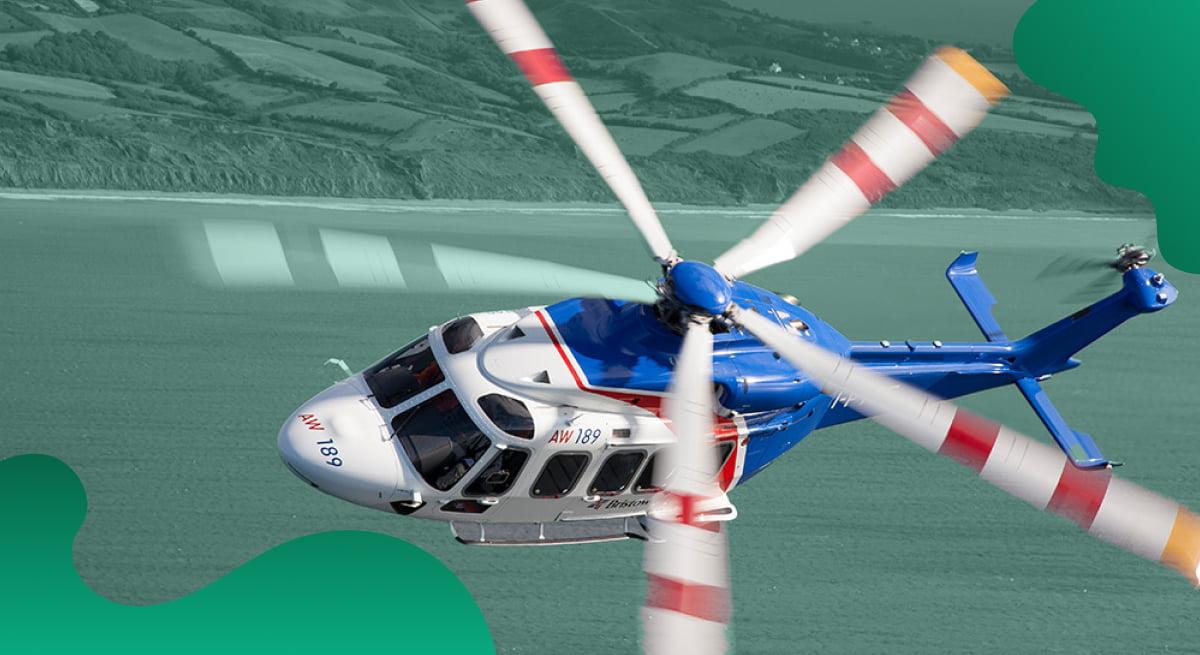 Leonardo header image in green of helicopter flying above body of water.