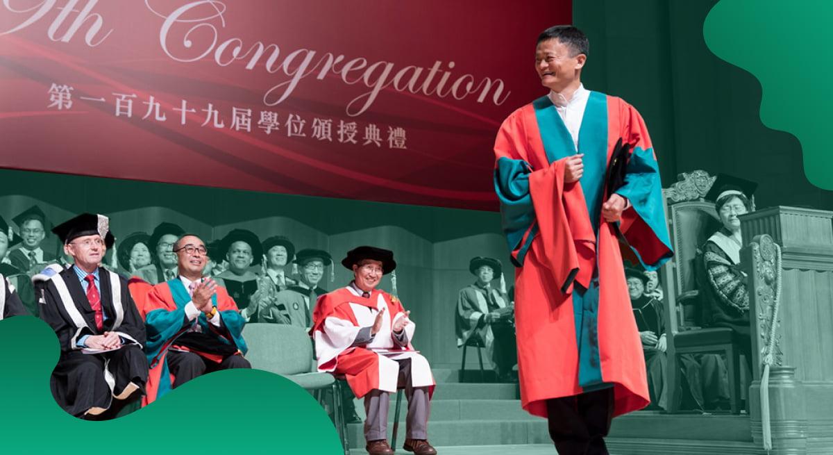 The University of Hong Kong header image in green of man walking on stage during graduation ceremony.