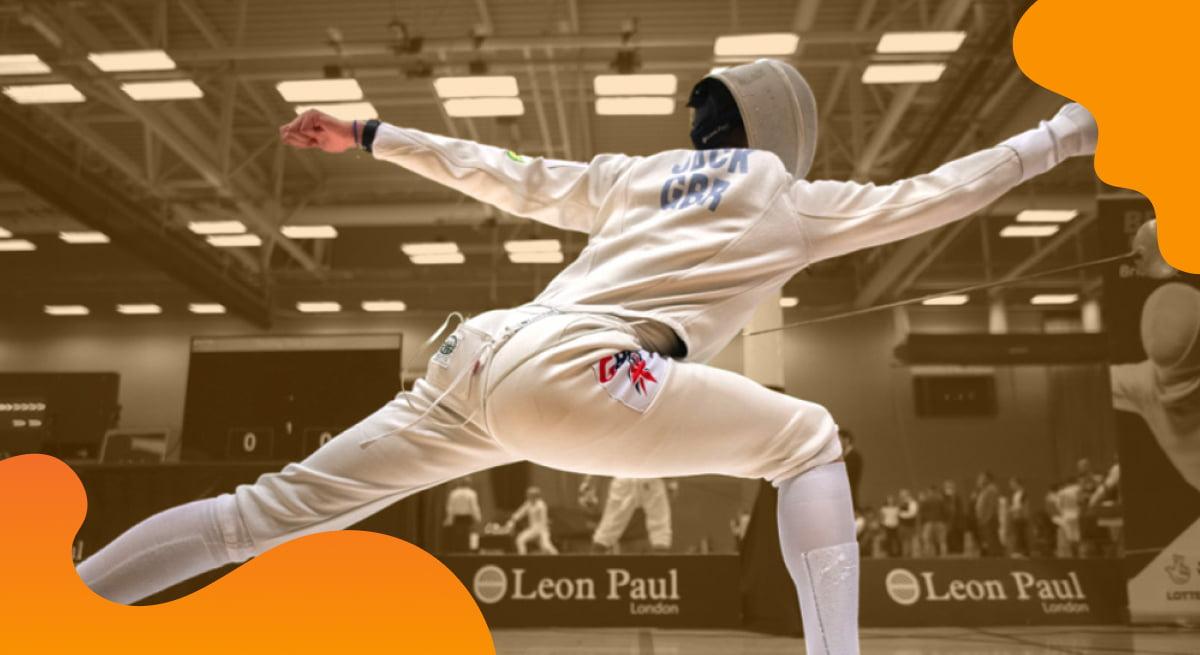 British Fencing header image in orange of fencer in striking position.