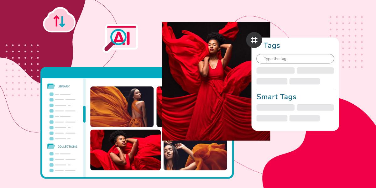 An AI-powered digital asset management platform organizing digital photos of women in dresses using Smart Tags over a red background.