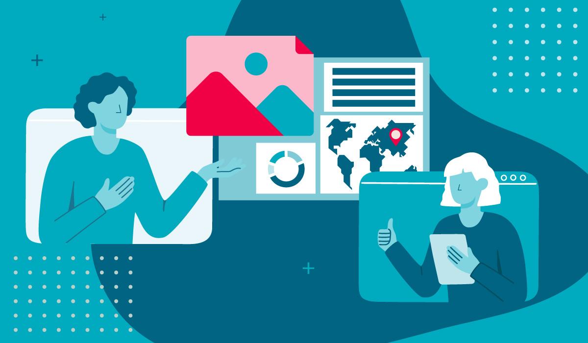 Image of two people selecting images and working with metadata over a blue background.