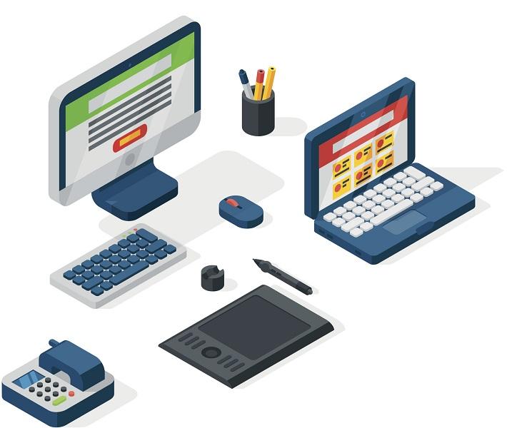 Eine Illustration eines Computers und eines Laptops, beides Geräte, mit denen man JPG in INDD konvertieren kann.