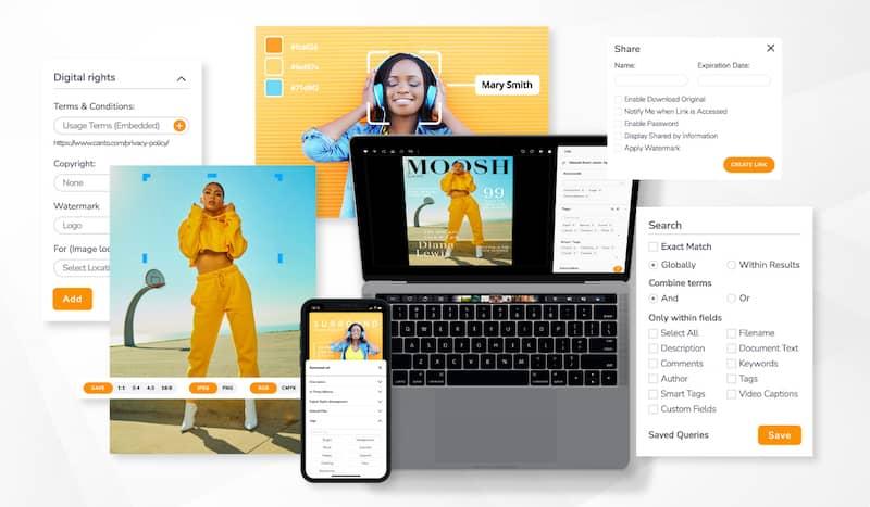 Eine Collage der wichtigsten Funktionen eines Digital Asset Management-Systems.