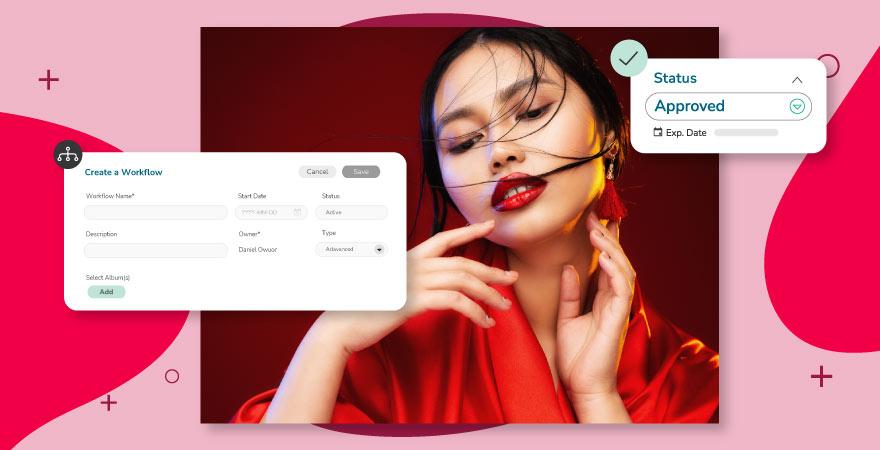 Split view image showing a woman with red lipstick and a red outfit alongside user interface elements for creating a workflow and indicating status approval.