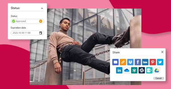 Fashion lifestyle image with Canto approval and sharing features.