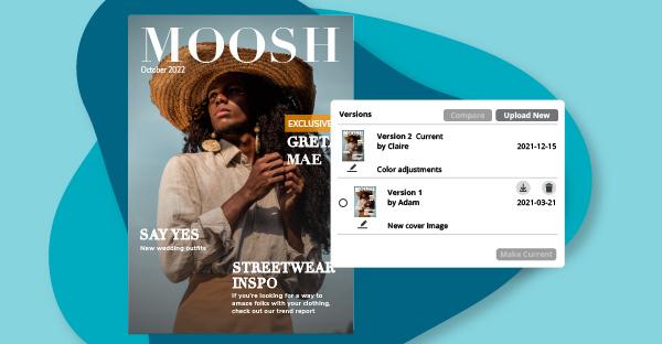 Updated magazine cover in a digital asset management platform with version control.