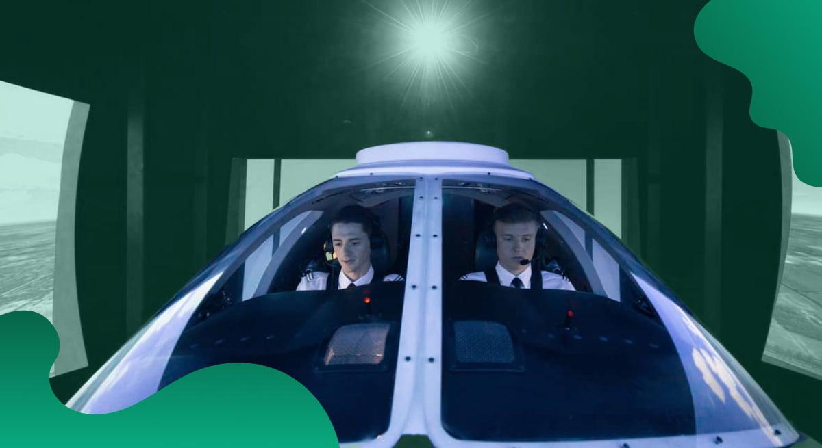 Das Titelbild von Lufthansa Aviation Training in Grün zeigt zwei Piloten im Simulator.