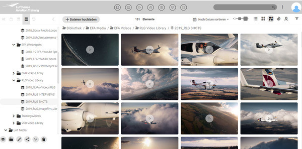 Screenshot of the Canto media library of Lufthansa Aviation Training, showing videos.