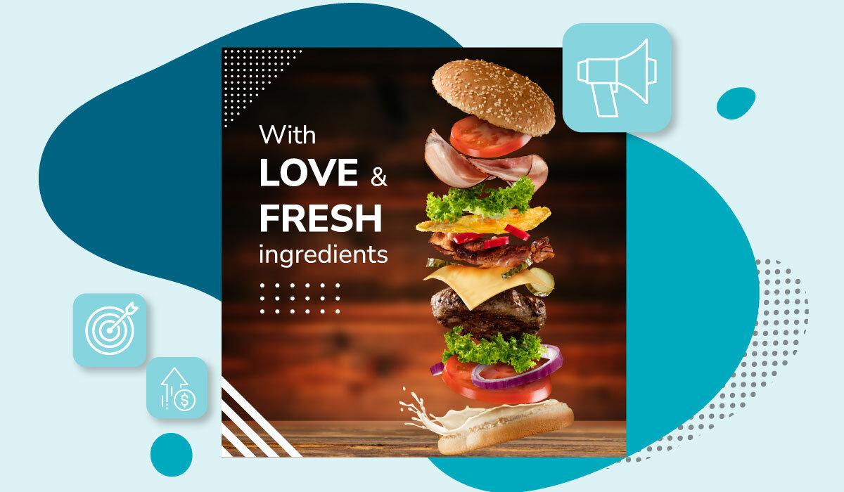 Advertisement featuring a hamburger with toppings falling into place.