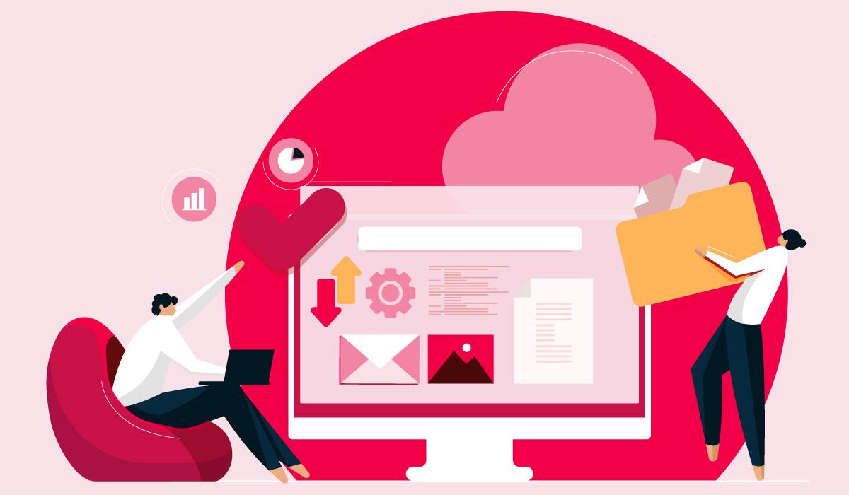 Two persons consolidating assets in a collaborative workspace.