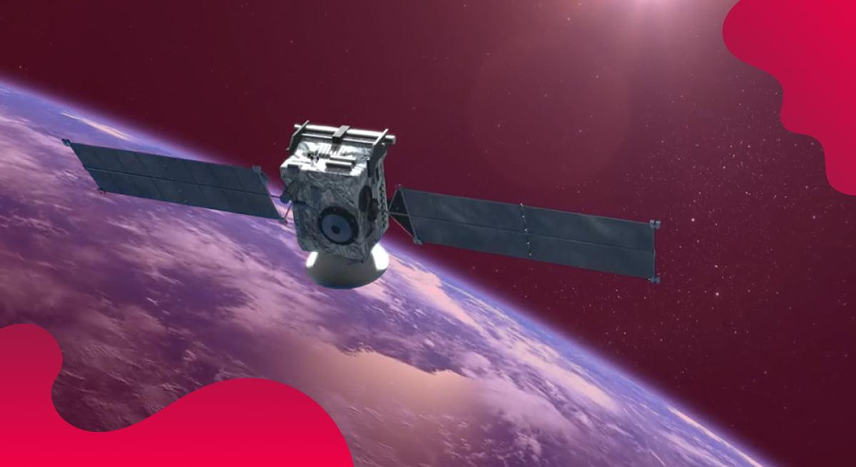 Swedish Space Corporation header image in red of satellite hovering around Earth.