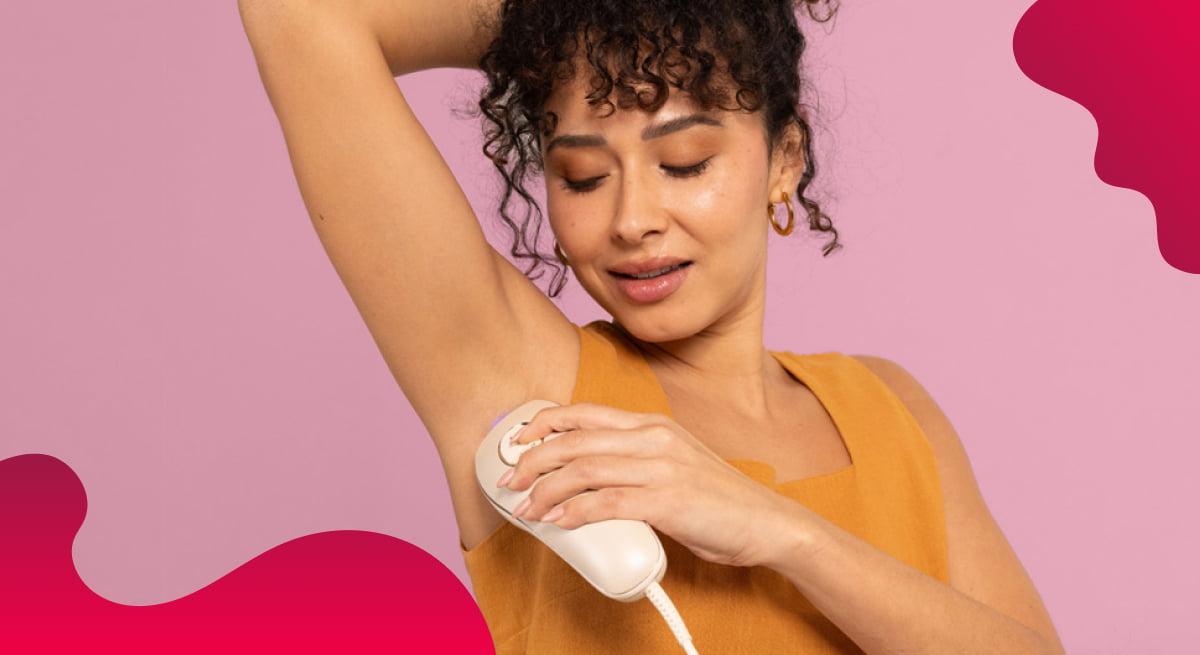 Woman using SmoothSkin product against red background