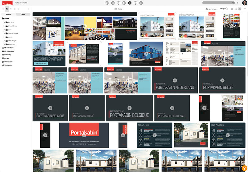 Screenshot of Portakabin Canto library with digital assets and logo assets displayed in the view pane. Currently toggled is the document filter. On the left-navigation pane, folder structure is shown. The Portakabin logo is displayed in top left corner.
