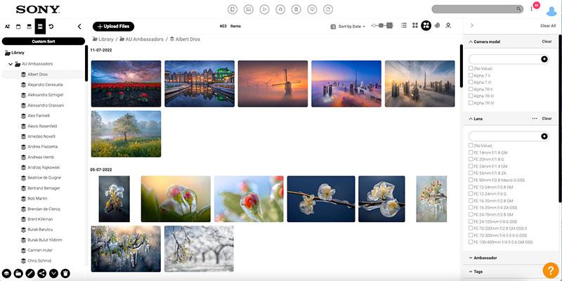 Screenshot of Sony's library powered by Canto. There are digital assets shown in the center that were submitted by one of the many Sony brand ambassadors. Folder structure of where those images reside is shown on the left segmented by brand ambassador and further filtering is shown available on the right, including the ability to drill down to camera model and lens used for images.