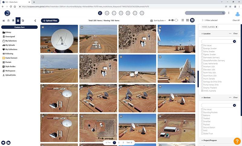 Screenshot of Swedish Space Corporation Canto library with different views of one of their locations shown in the view pane. On the left, the folder structure is viewable and searchable, and you can filter by location or services using the shown right-hand side filter pane. The SSC logo is displayed in the top left corner.