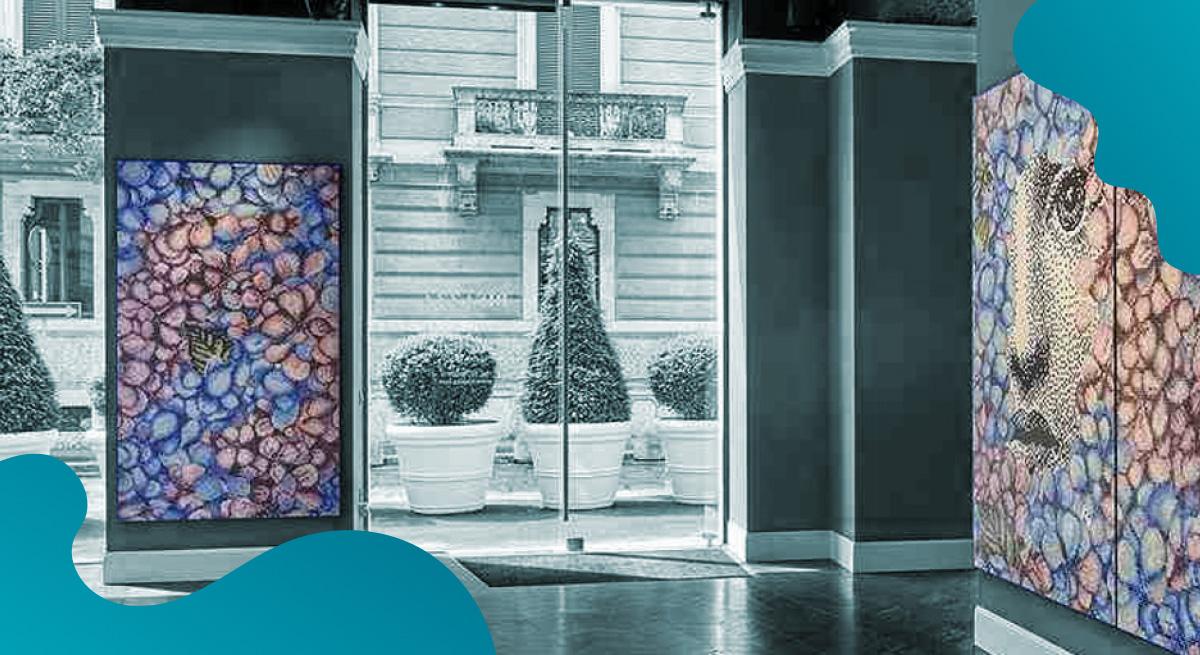 Bisazza header image in blue showing exhibits of their work.