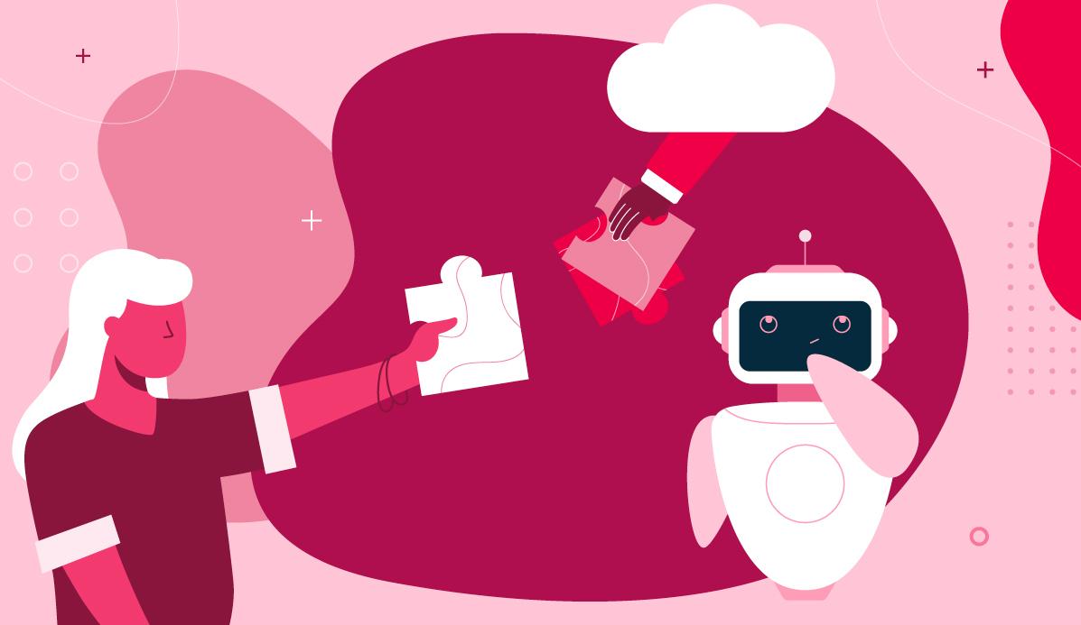 A person and a hand reaching from a cloud exchange creative puzzle pieces while a robot watches.