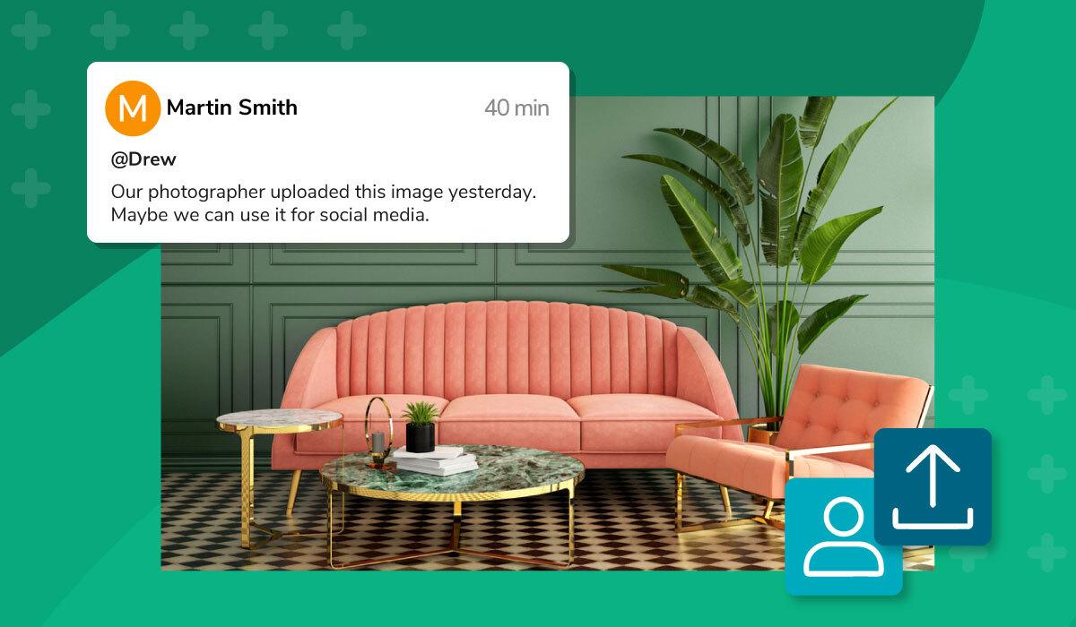 Zu einem Bild eines rosafarbenen Sofas in einem Digital Asset Management-System zur digitalen Zusammenarbeit wurde ein Kommentar hinterlassen.