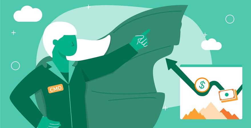 A female CMO in a superhero cape points towards the sky with an ascending curve on a screen in the background.