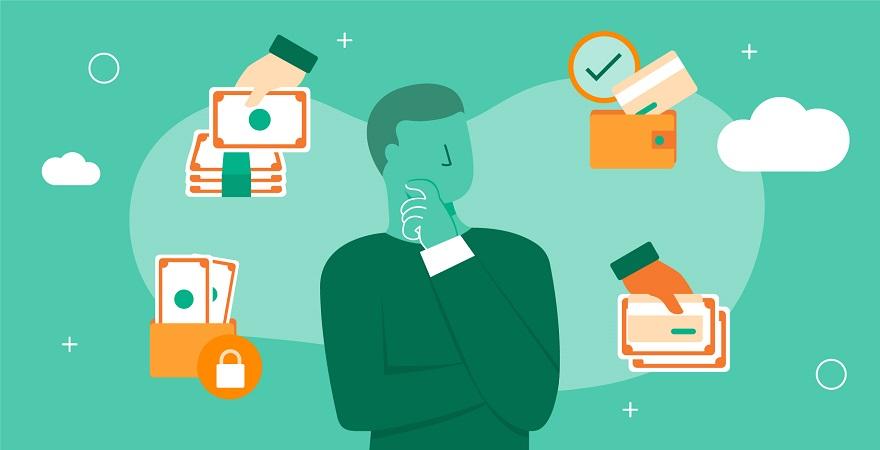 A person considering various options of spending behaviour represented by different symbols.