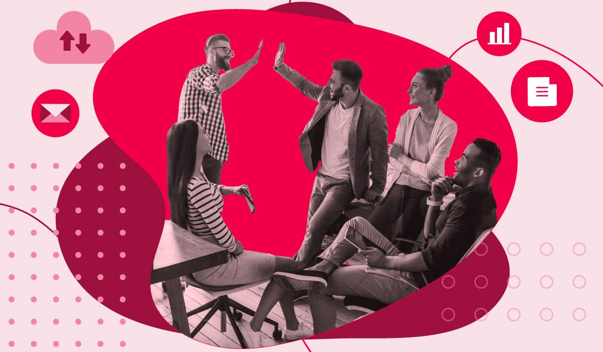 To depict workplace well-being, there's a team of co-workers shown that share a laugh, a high-five and generally enjoy each other's presence.