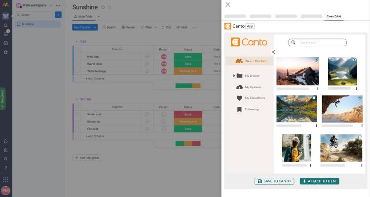 Screenshot of Canto digital assets being attached to a monday.com item.