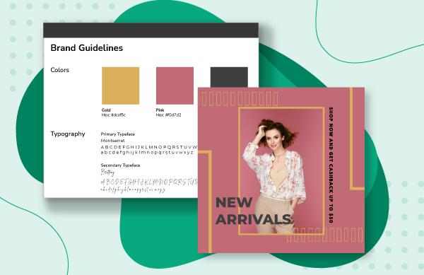 Image of a brand guidelines color palette and an example photo for a brand on a green background.