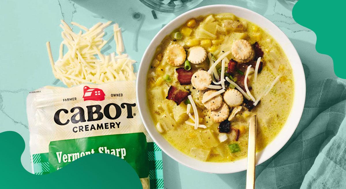 Cabot Creamery header image in green of their shredded chess with soup