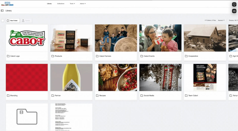 Calbot's digital asset image library with the brands organized folders, with images of the logo, branding, people, partners, socials etc.