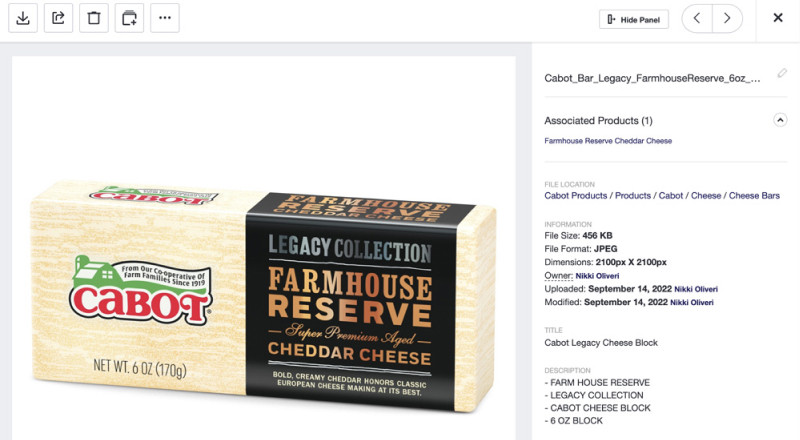 An image of Calbots product information and meta descriptions for the asset which is of Calbot's legacy collection cheddar cheese