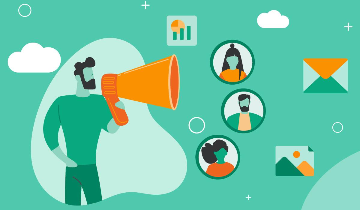 Man with megaphone sharing marketing ideas overtop of a green abstract background.