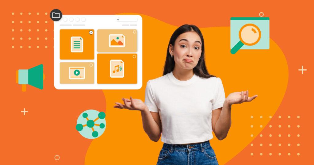A confused woman in a white shirt with a DAM system and icons of magnifying glass, sharing and megaphones float around an orange background.