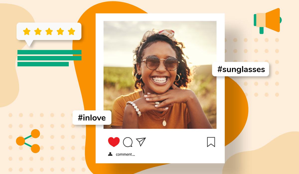 A photograph of a laughing woman with sunglasses used as a social media item, along with hashtags and a 5 star rating.