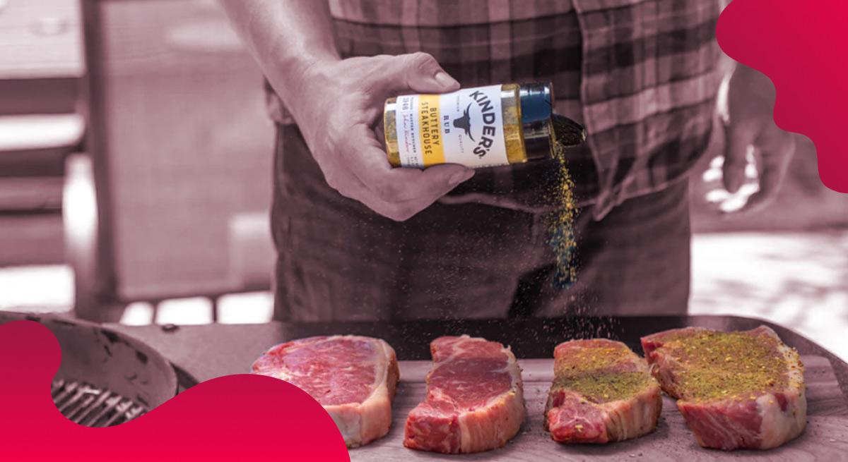 Kinder's header image in red of meet being seasoned on the grill