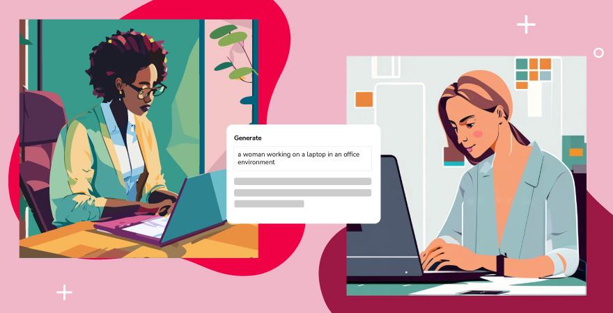 AI-Generated image from Adobe Firefly of a woman sitting at a computer