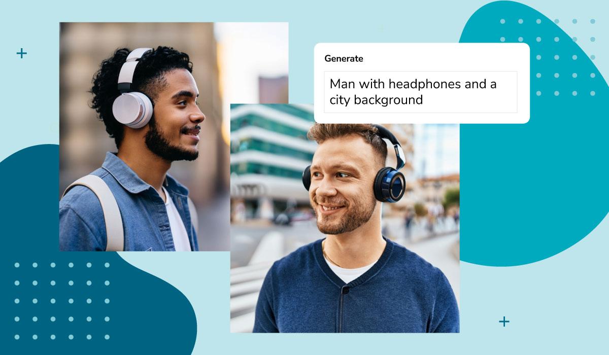 Two AI-generated images of men looking around a city with headphones on over a blue background.
