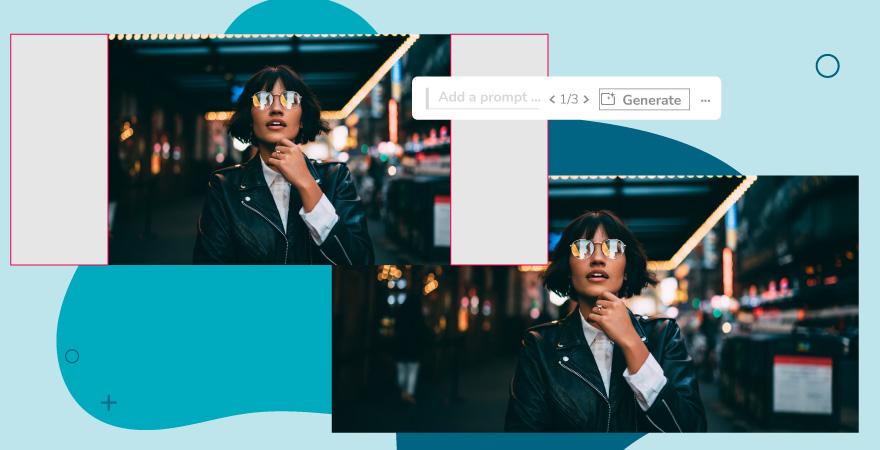 Image of a modern woman on a street, and another image with generated fill around her expanding the city surrounding her.