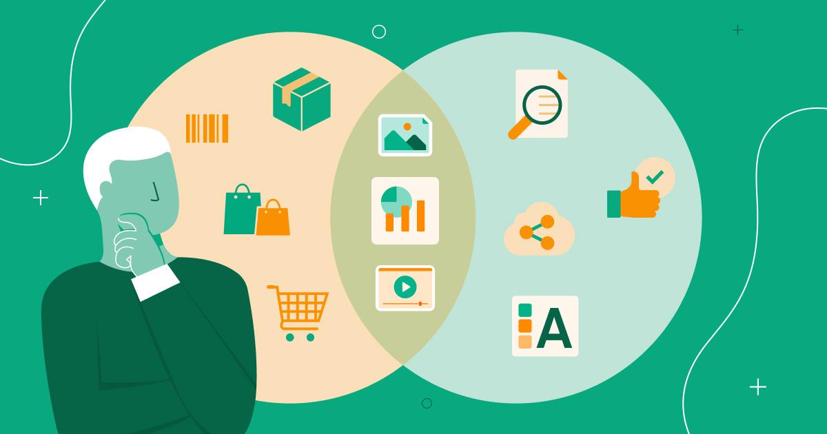 Man considering PIM vs DAM systems with a venn diagram contrasting features each platform has over a green background.