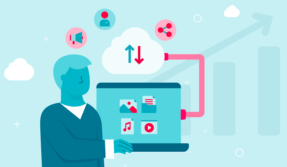 Illustration of a marketer with a laptop using digital marketing assets stored on a cloud-based platform.